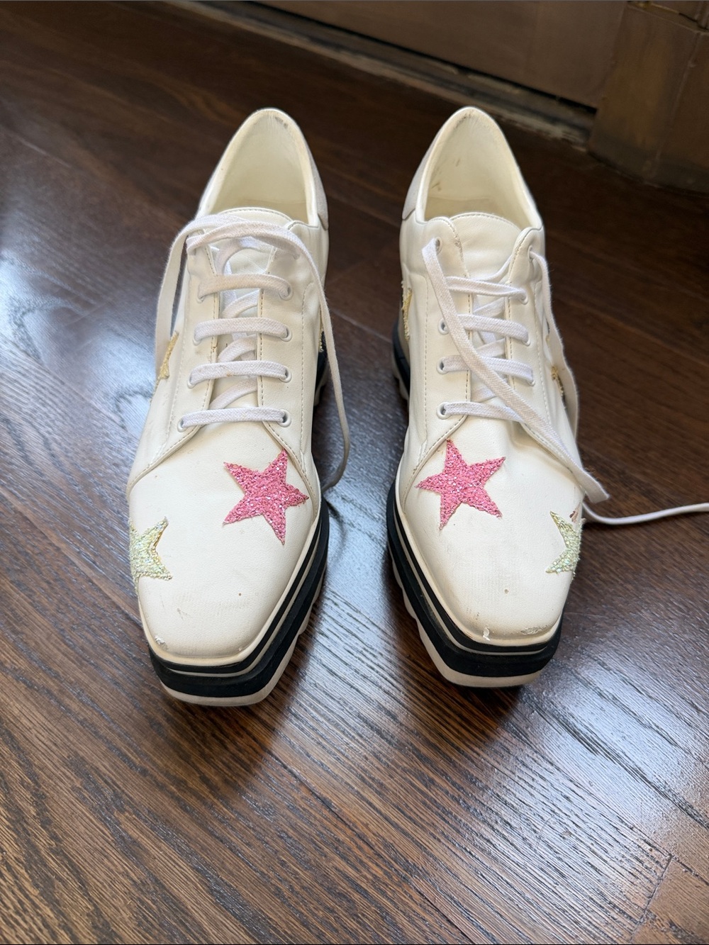 STELLA MCCARTNEY White Platform Sneakers Glitter Yellow Pink Green Stars Sz 38.5 - Picture 1 of 16